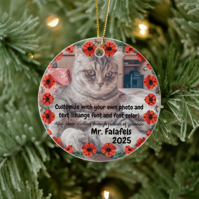 Two Photo Custom Text Red Poppies Free Palestine Keramik Ornament (Baum)