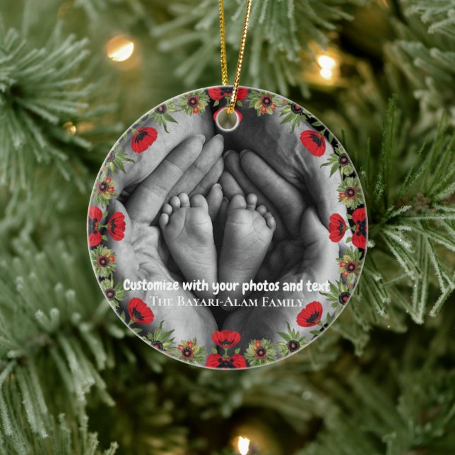 Two Photo Custom Text Red Poppies Free Palestine Keramik Ornament (Baum)