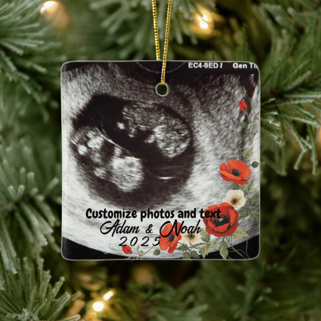 Two Photo Custom Text Red Poppies Free Palestine Keramikornament (Baum)