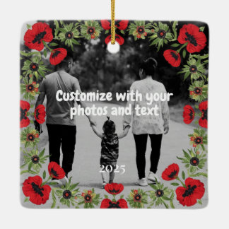 Two Photo Custom Text Red Poppies Free Palestine Keramikornament