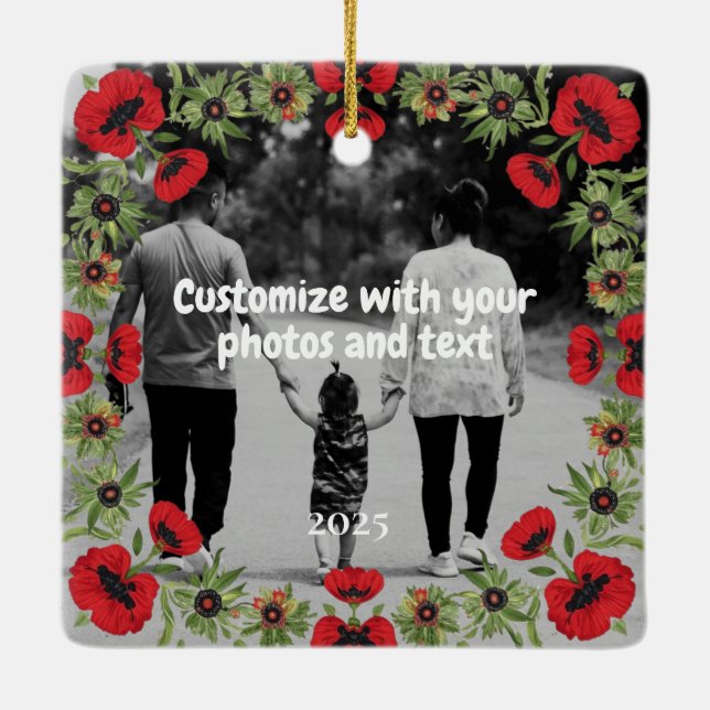 Two Photo Custom Text Red Poppies Free Palestine Keramikornament (Rückseite)