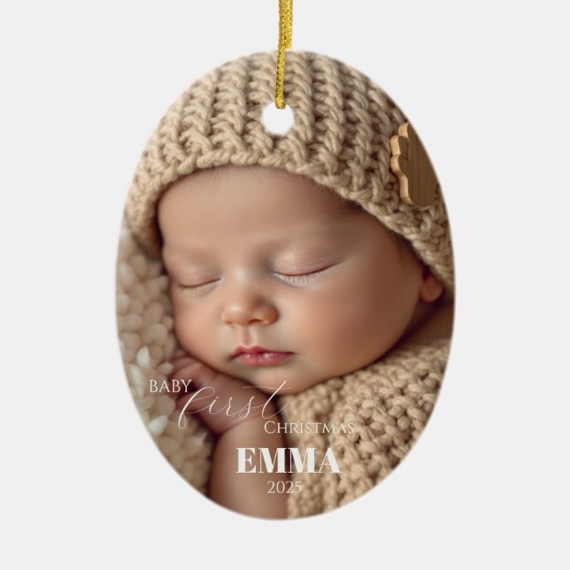 Two Photos Minimalist Baby First Christmas Keramik Ornament (Vorne)