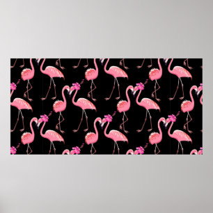Two pink flamingos on a black background. Seamless Poster