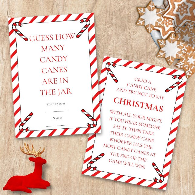 Two Printable Candy Cane Theme Christmas Game Card Einladung (Front and back view)