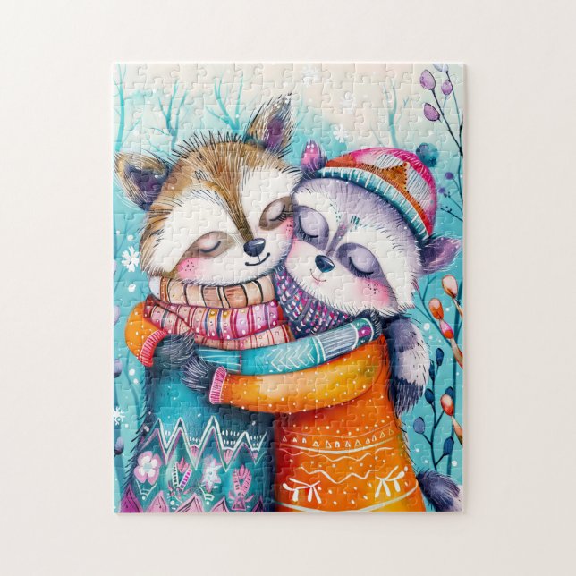Two Raccoons Hugging in Winter Puzzle (Vertikal)