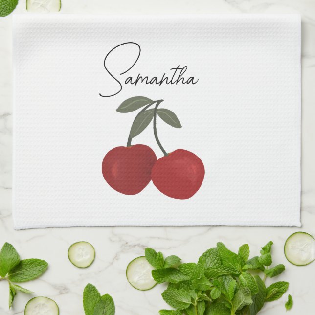 Two Red Cherries Illustration | Cute Fruit Art  Geschirrtuch (Gefaltet)