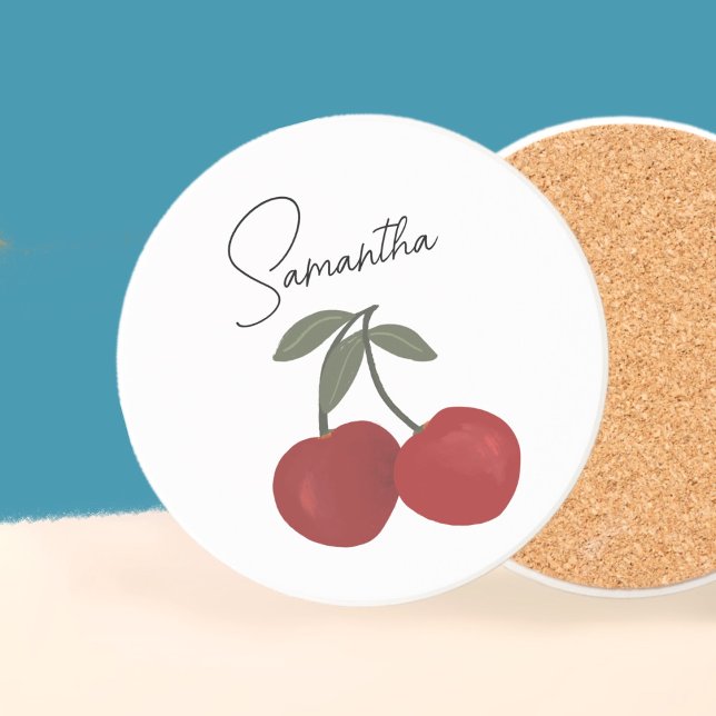 Two Red Cherries Illustration | Cute Fruit Art  Getränkeuntersetzer (Von Creator hochgeladen)