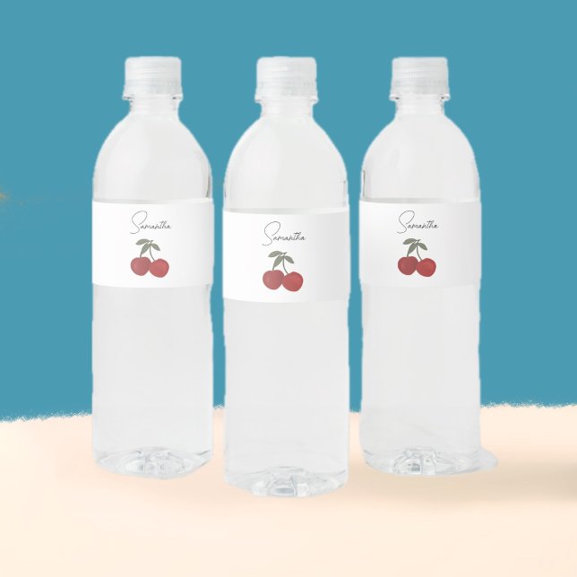 Two Red Cherries Illustration | Cute Fruit Art  Wasserflaschenetikett (Von Creator hochgeladen)