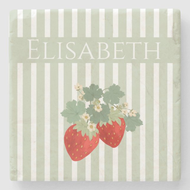 Two Red Strawberries Stripes & Flowers | Fruit Steinuntersetzer (Vorderseite)