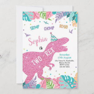 Two-Rex Pink Dinosaurier Girl 2. Geburtstag Einlad Einladung
