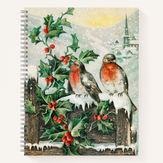 Two robins on a fence in the snow notizbuch (Vorderseite)