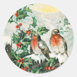 Two robins on a fence in the snow runder aufkleber