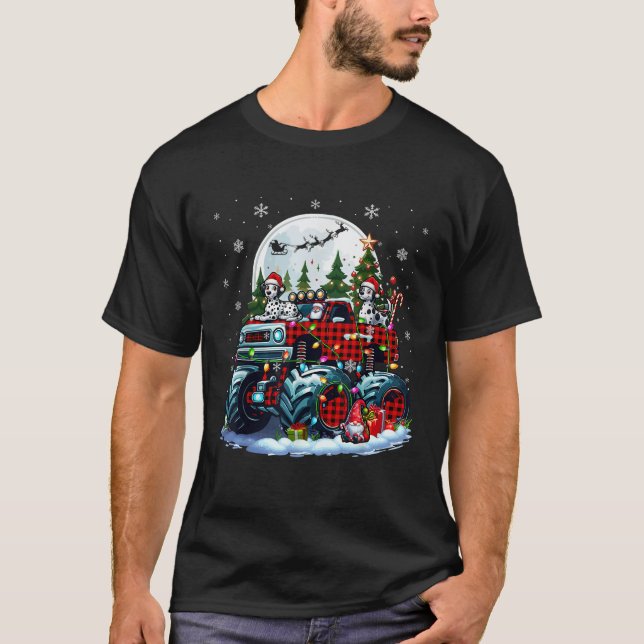 Two Santa Dalmatians On Monster Truck Santa Gnome  T-Shirt (Vorderseite)