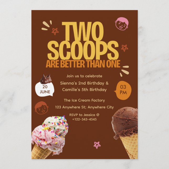 Two Scoops are Better Than One Ice Cream Birthday  Einladung (Vorderseite)