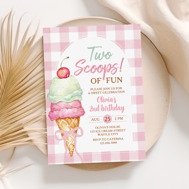 Two Scoops Of Fun Ice Cream Bow 2nd Birthday Einladung (Von Creator hochgeladen)