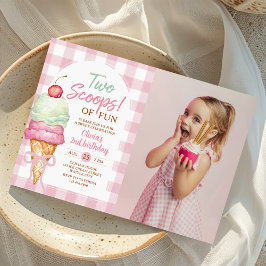 Two Scoops Of Fun Ice Cream Bow 2nd Birthday Photo Einladung
