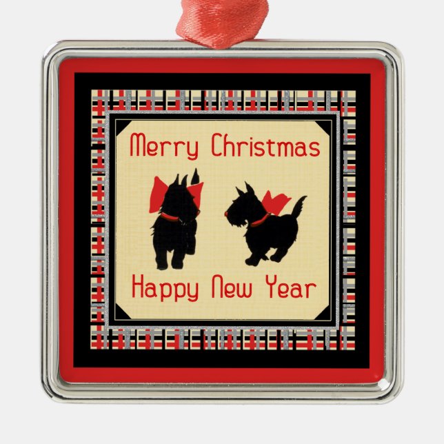 Two Scottie Dog, Scottish Terrier Frory Christmas Ornament Aus Metall (Vorne)