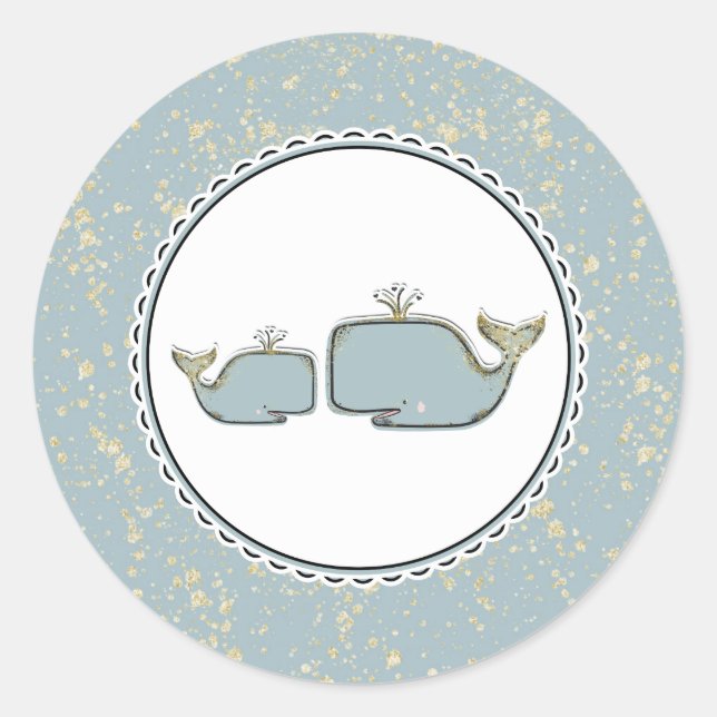Two Sea Whales Blue & Gold Boutique Baby Dusche Runder Aufkleber (Vorderseite)