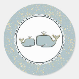 Two Sea Whales Blue & Gold Boutique Baby Dusche Runder Aufkleber
