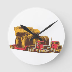 Two Semi Big Trucks carrying a Huge Mining Truck Runde Wanduhr