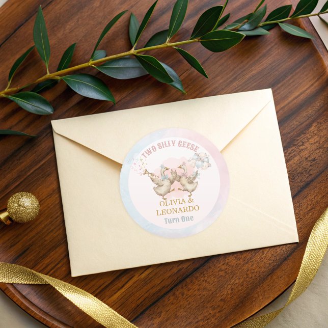 Two Silly Geese Boy & Girl Twins Birthday Runder Aufkleber (Von Creator hochgeladen)