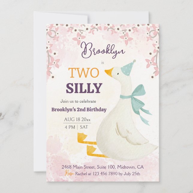 Two silly goose 2nd birthday cute floral pink einladung (Vorderseite)