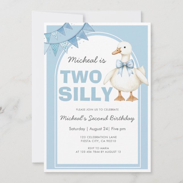 Two Silly Goose Blue Boy Second Birthday Einladung (Vorderseite)