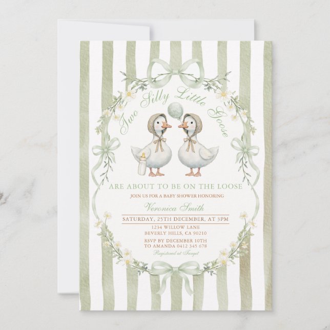 Two Silly Little Geese Baby Shower Twin Neutral Einladung (Vorderseite)