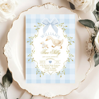 Two Silly Whimsical Blue Gingham Boy 2nd Birthday Einladung