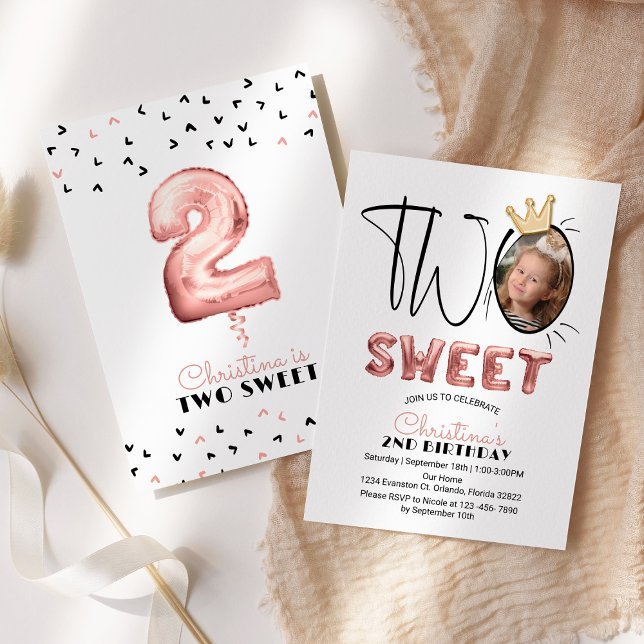 Two Sweet 2nd Birthday Party Cute Balloons Photo Einladung (Von Creator hochgeladen)
