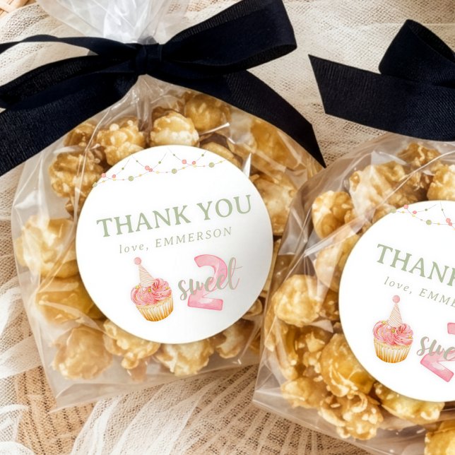 Two Sweet Cupcake 2. Geburtstag Danke Runder Aufkleber (Two Sweet Cupcake 2nd Birthday Thank You Classic Round Sticker)