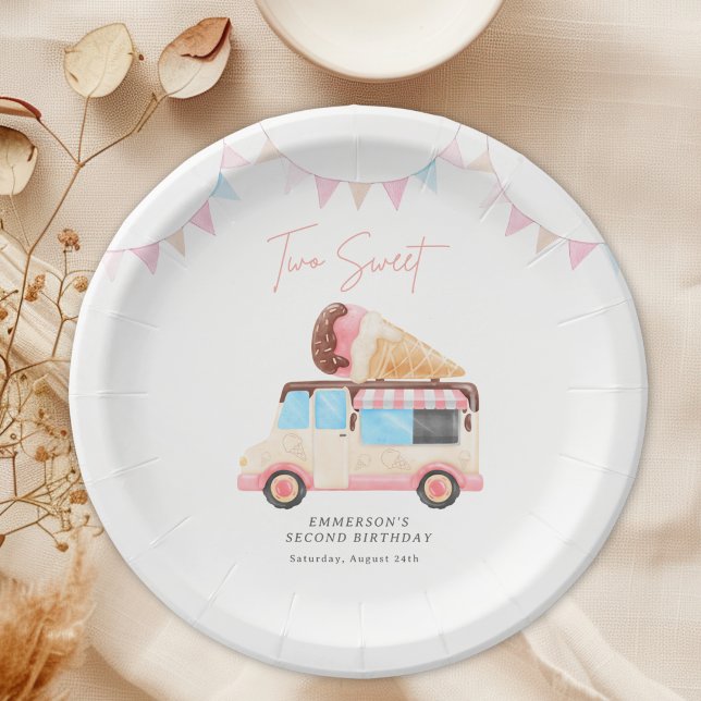 Two Sweet Eiscreme-Wagen 2. Geburtstag Pappteller (Two Sweet Ice Cream Truck 2nd Birthday Paper Plates)