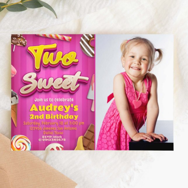 Two Sweet - Girl Birthday mit Foto-Einladung Einladung (Two Sweet - Girl Birthday with Picture Invitation)