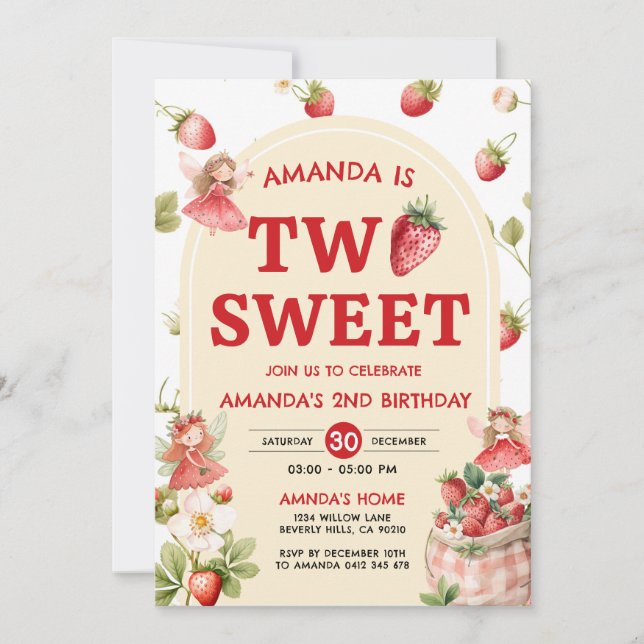 Two Sweet Strawberry 2. Geburtstagsfeier  Einladung (Vorderseite)