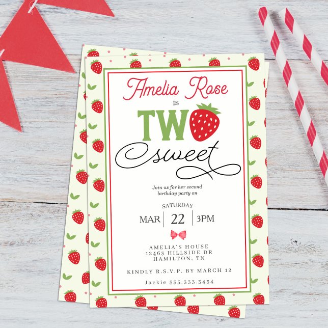 Two Sweet Strawberry 2. Geburtstagsfeier Einladung (Two Sweet Strawberry 2nd Birthday Party Invitation)