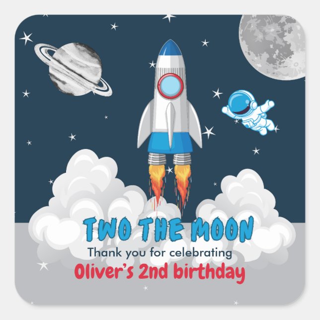 Two The Moon Boy Space Rocket 2nd Birthday  Quadratischer Aufkleber (Vorderseite)