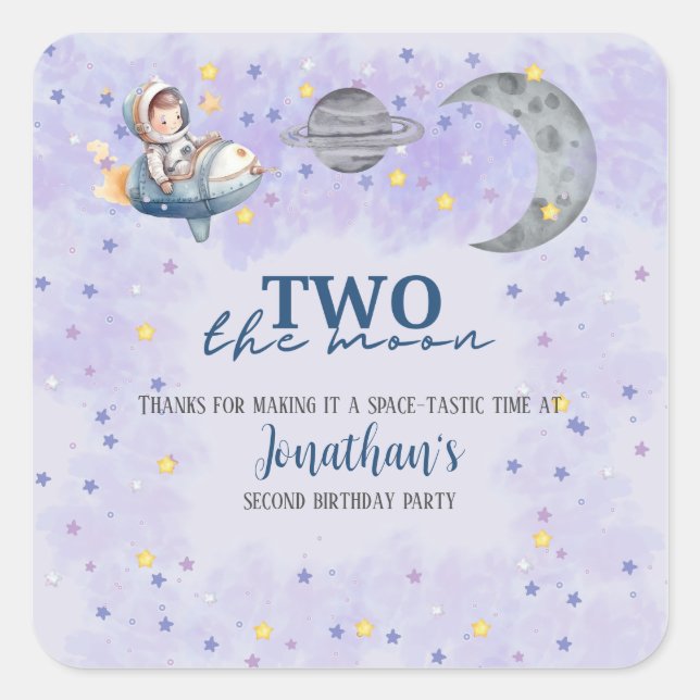 Two The Moon Boy Space Rocket 2nd Birthday  Quadratischer Aufkleber (Vorderseite)