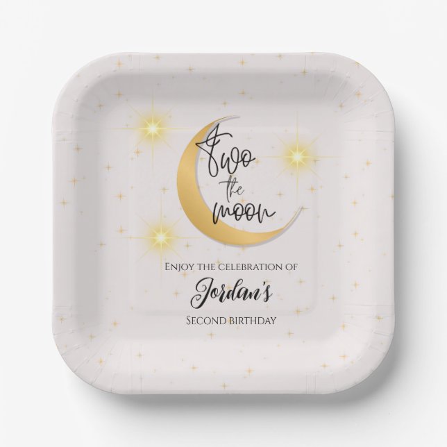 Two The Moon Elegant Gender Neutral 2nd Birthday  Pappteller (Vorderseite)