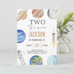 Two The Moon Moderne Weltraum 2. Geburtstagsdeko Einladung