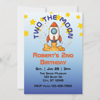 Two The Moon, Rocket 2nd Birthday Invitation Einladung