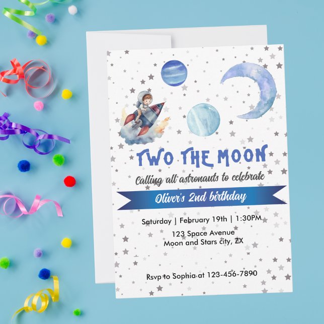 Two The Moon Rocket Space Blue Boy 2nd Birthday  Einladung (Von Creator hochgeladen)