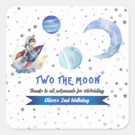 Two The Moon Rocket Space Blue Boy 2nd Birthday  Quadratischer Aufkleber