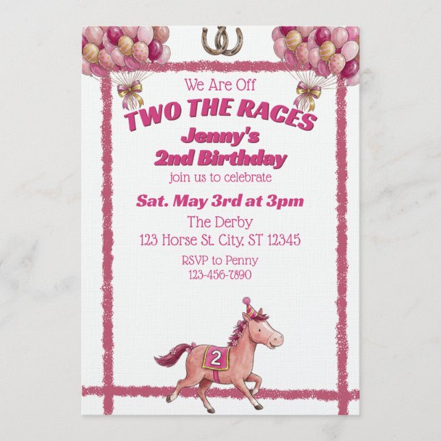 Two The Races, Pink Horse 2nd Birthday Einladung (Vorderseite)