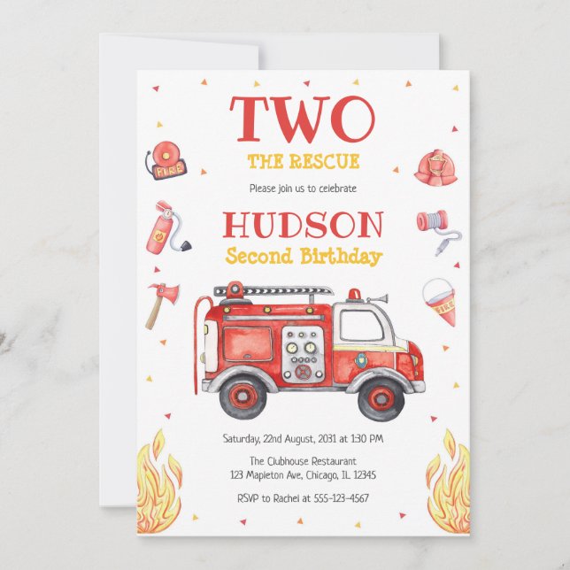 Two the Rescue Firetruck 2nd Birthday Invitation Einladung (Vorderseite)