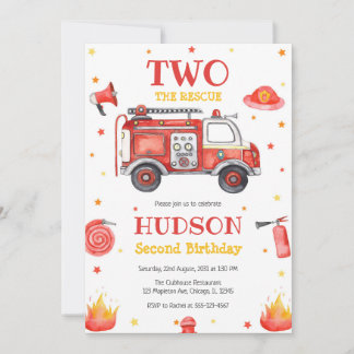 Two the Rescue Firetruck 2nd Birthday Invitation Einladung