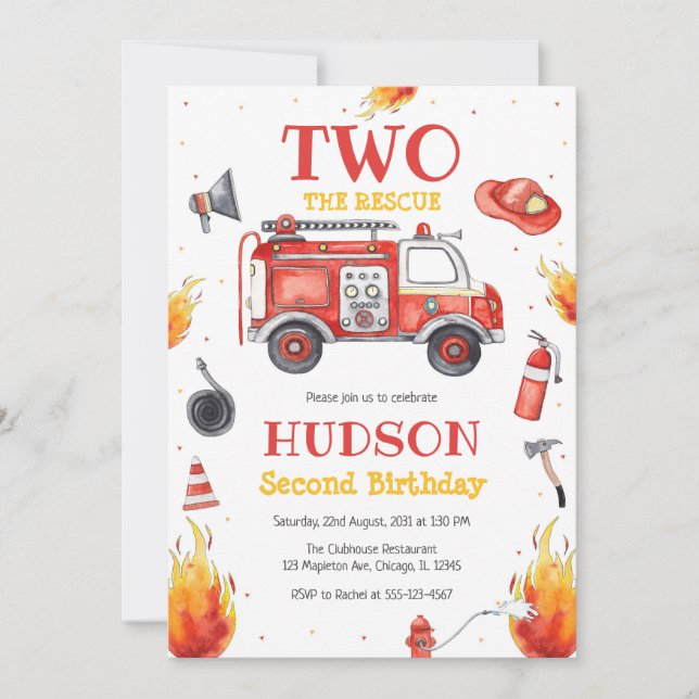 Two the Rescue Firetruck 2nd Birthday Invitation Einladung (Vorderseite)