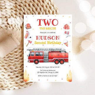Two the Rescue Firetruck 2nd Birthday Invitation Einladung