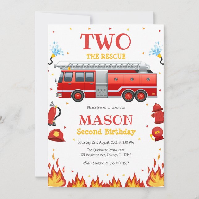 Two the Rescue Firetruck 2nd Birthday Invitation Einladung (Vorderseite)