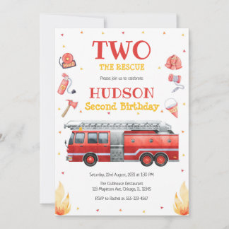 Two the Rescue Firetruck 2nd Birthday Invitation Einladung