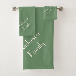 Two-Tone Pine Green Modern Custom Family Name Badhandtuch Set